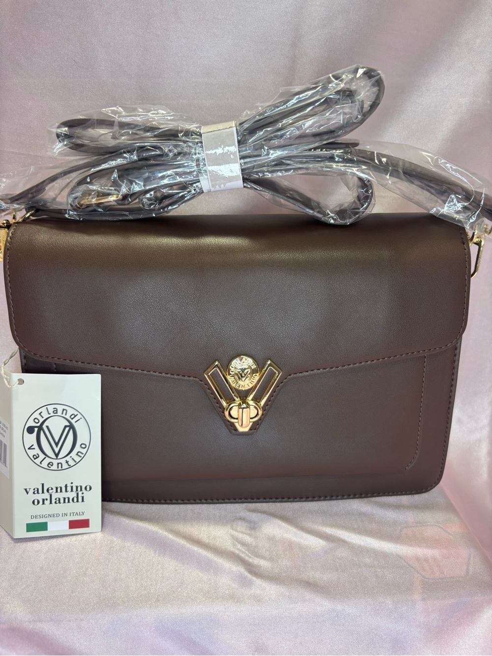 Valentino Orlandi Chocolate Brown Leather Crossbody with Gold Hardware